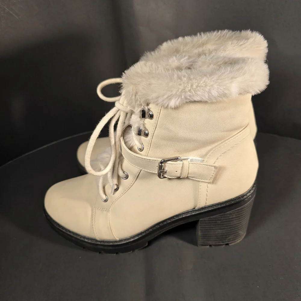 Esprit Elaine Leather Lace Up Ankle Boots Winter White Faux Fur Block Heel Sz 8M